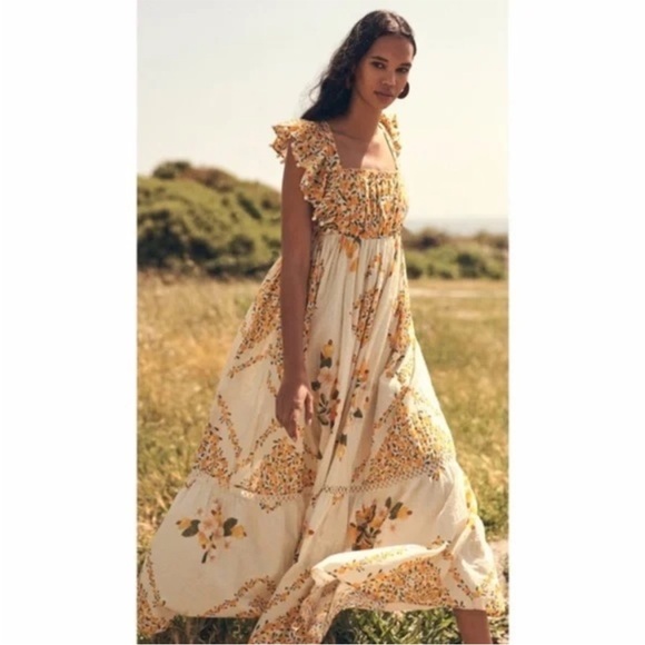 FARM Rio Dresses & Skirts - Farm Rio Maxi White and Yellow Cashew Dress